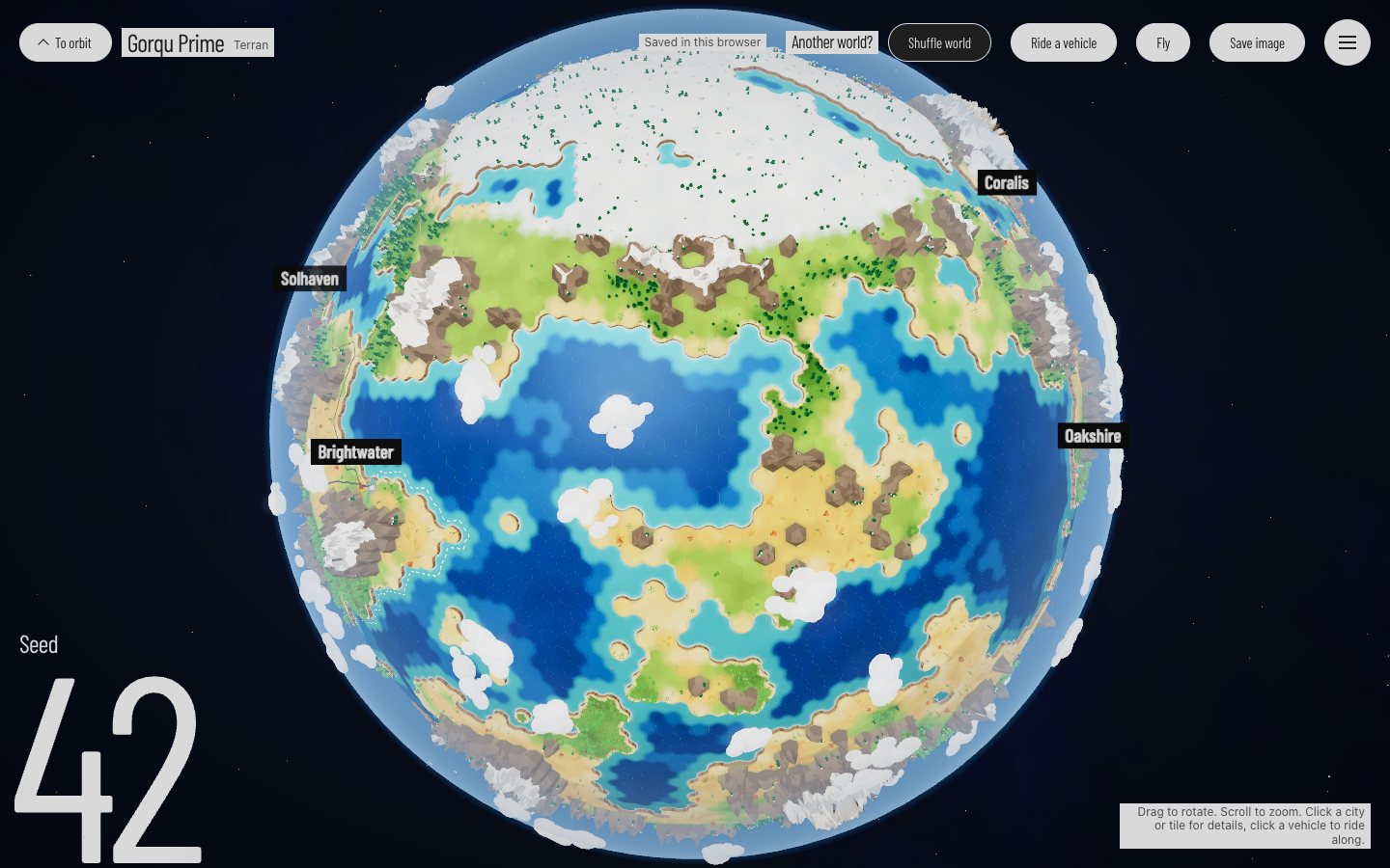 A terran planet globe with seas, forests, snowy mountains, ice caps and the city labels New Babylon, Riverend, Coralis and Oakshire.