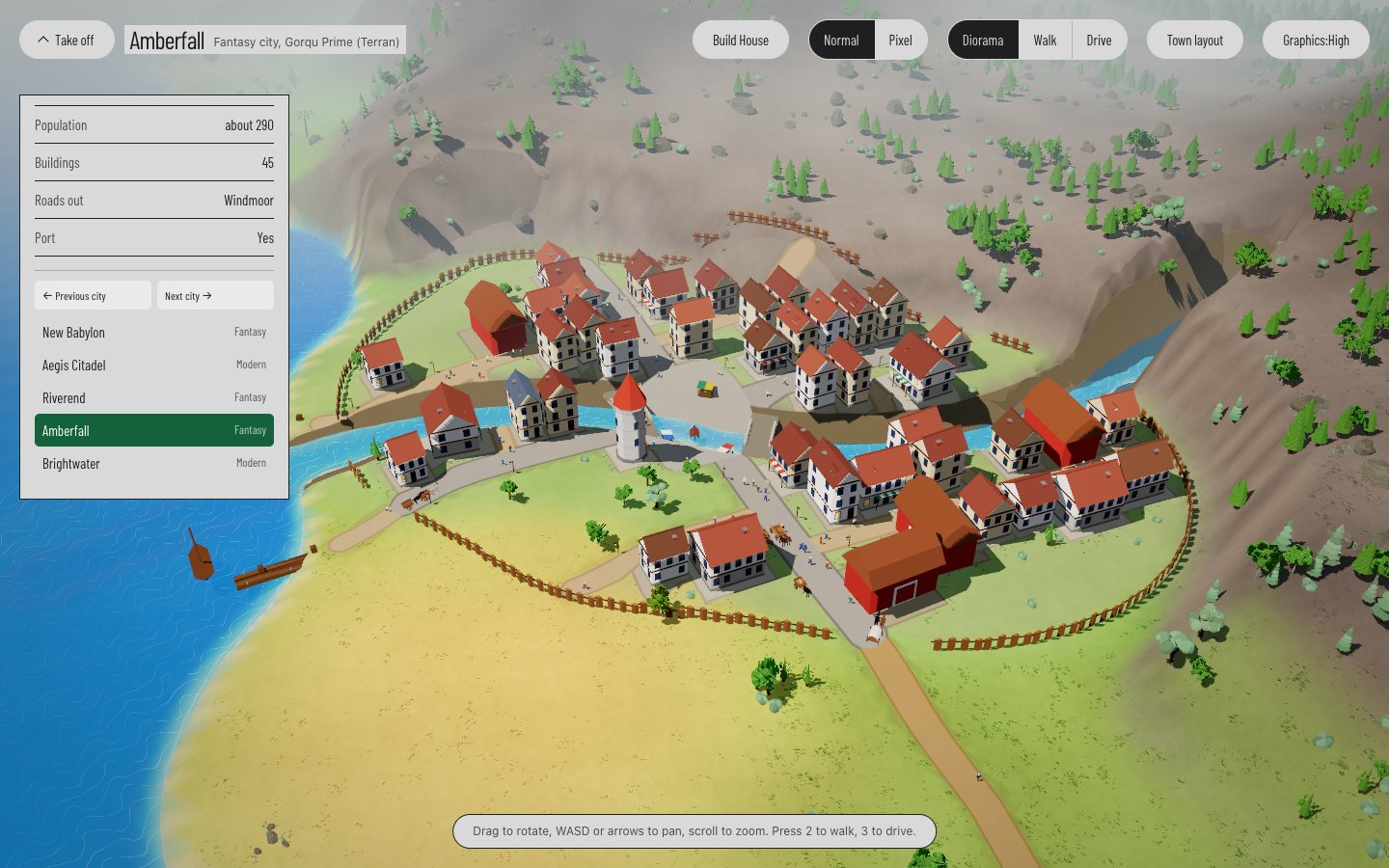 A fantasy town seen from above: red-roofed houses, a river with a bridge, a market plaza, wooden walls and a beach.